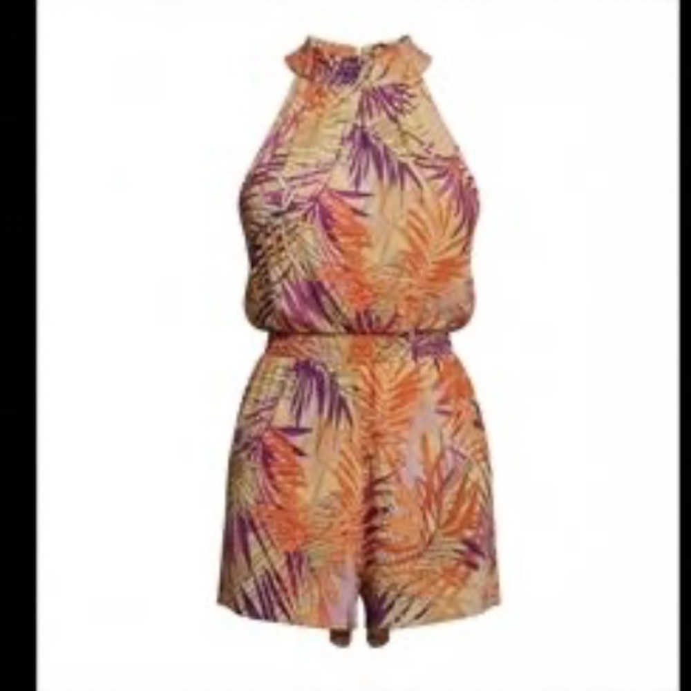 New York & Company-halter neck romper 
Tropical leaf pattern